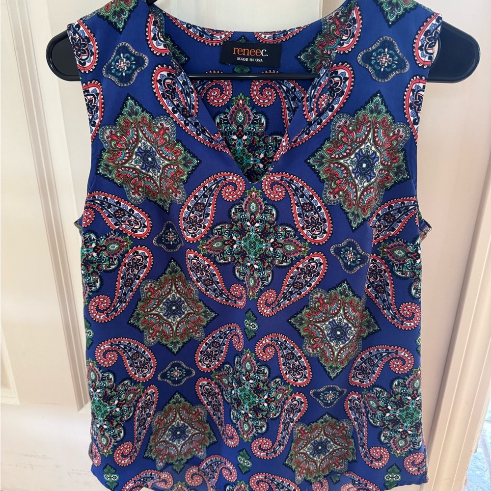Renee C. Blue Sleeveless Blouse with Mandarin Collar